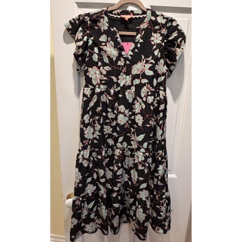 THML Sarah Flutter Sleeve‎ Midi Dress Black Green Floral Size M